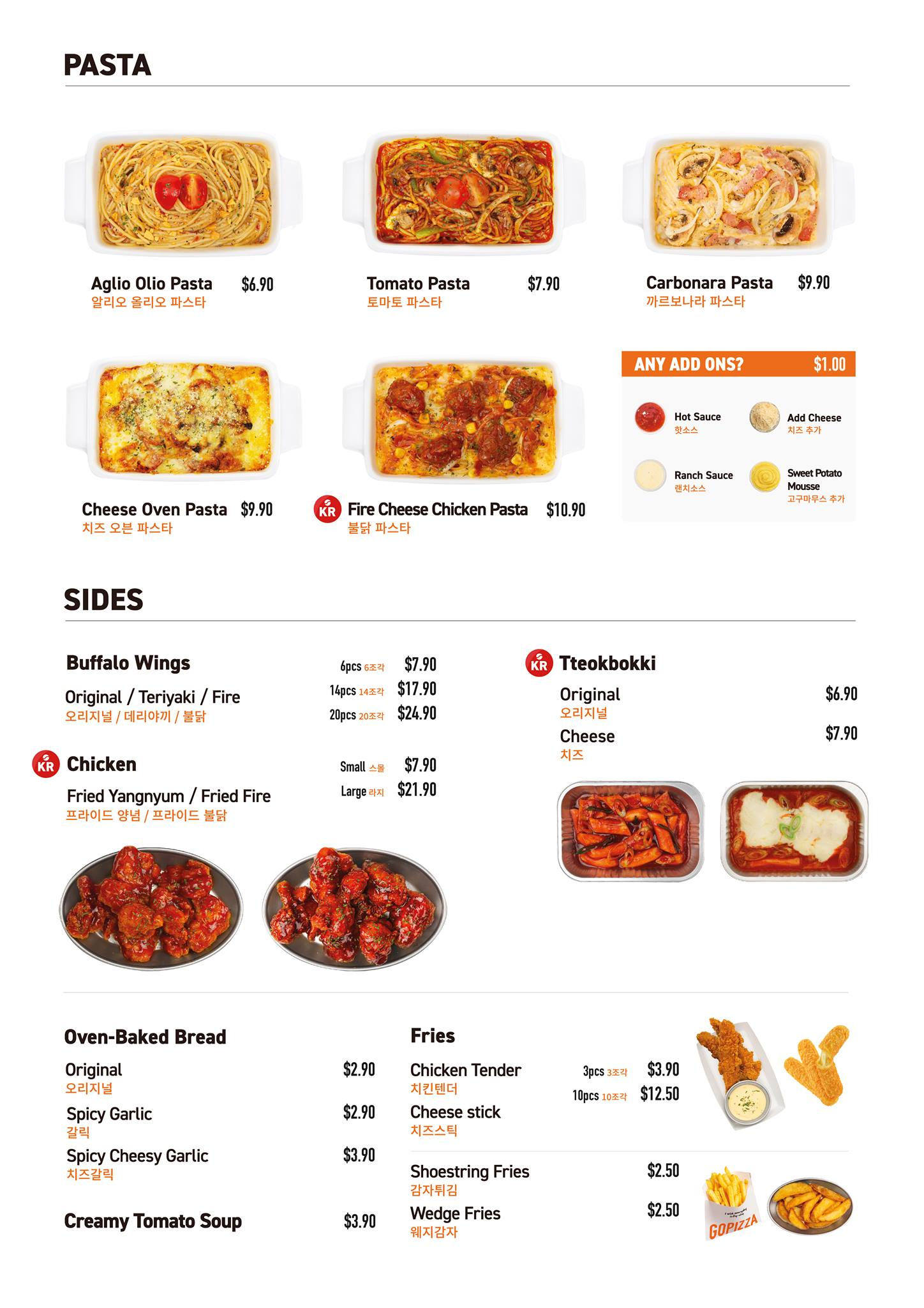 Gopizza Singapore pasta, sides menu