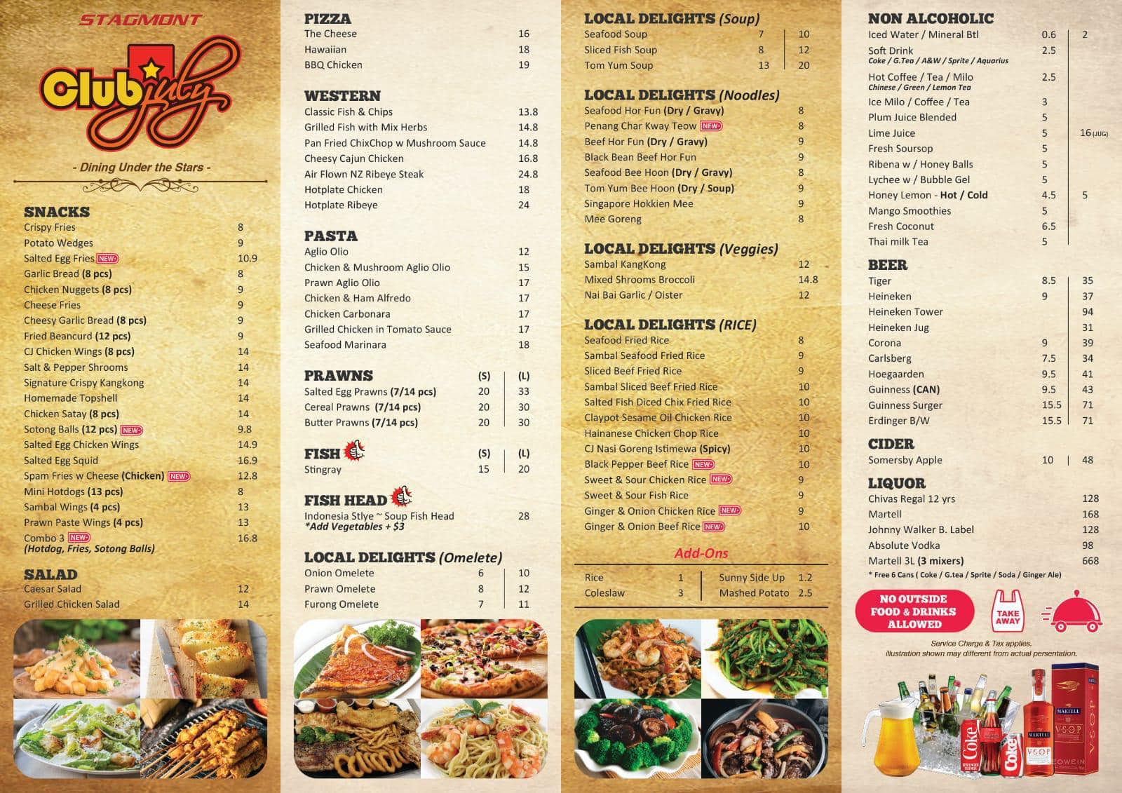 Club July Singapore snacks, pizza, pasta, prawns, fish, beer, cider, Menu & Price List 2022