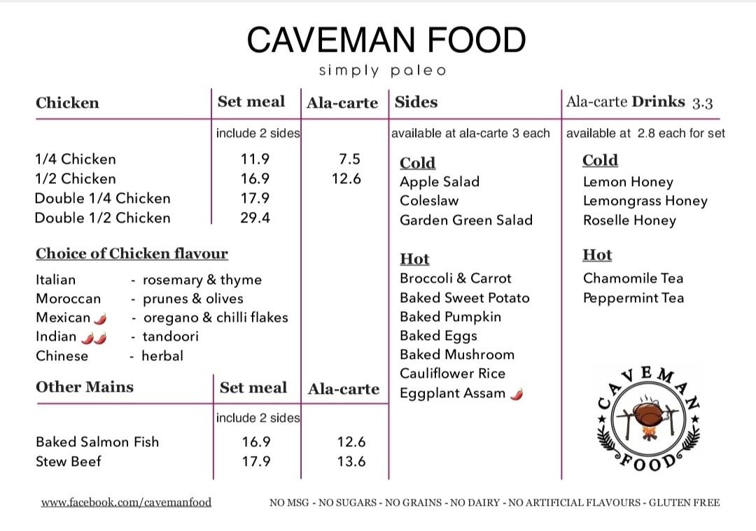 caveman food menu with updated price 