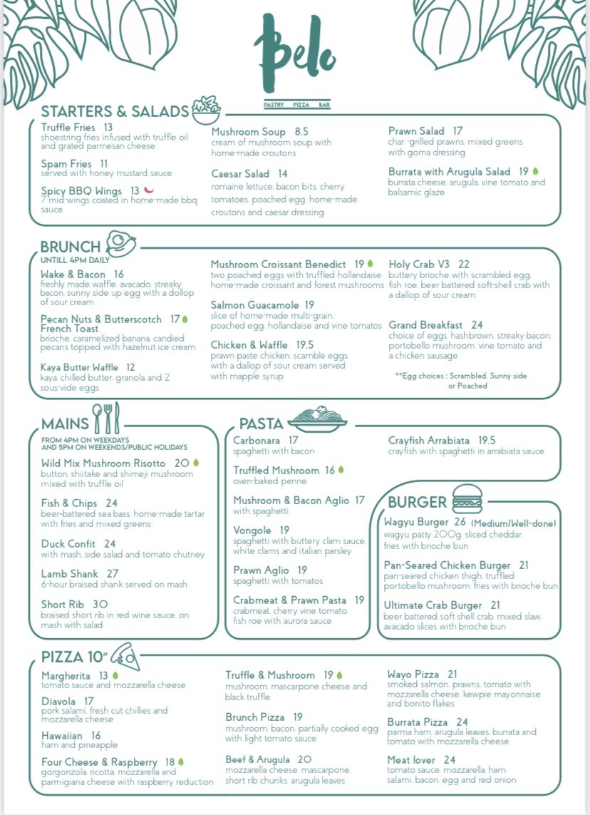 Belo Cafe & Pizza Bar wiith salads, brunch, pasta, burger Menu Singapore 2022

