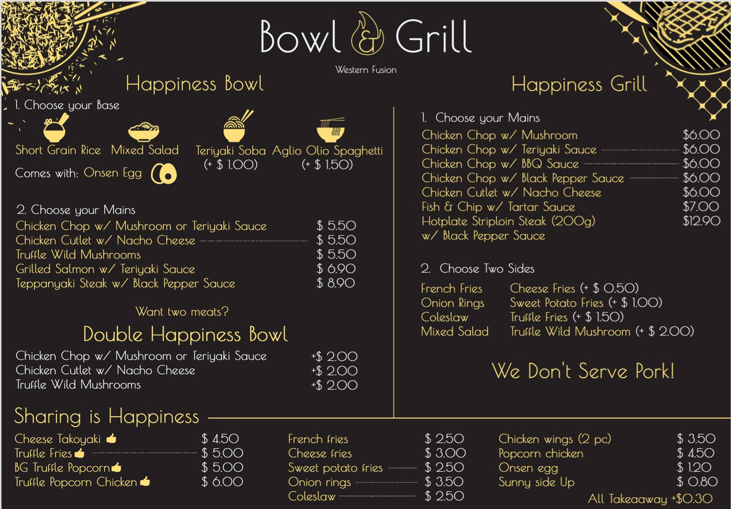 Bowl & Grill Singapore chicken chop, fish and chip , grilled salmon Menu & Price List 