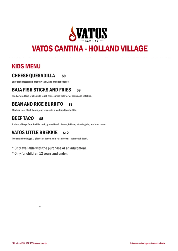 vatos cantina-holland village kids rice and fries, menu 