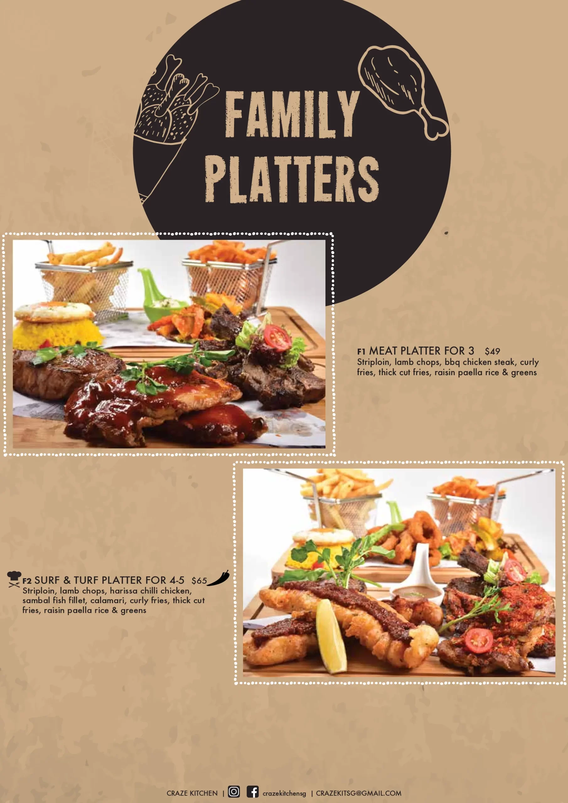 Craze Kitchen Singapore family platters, Menu & Price List 