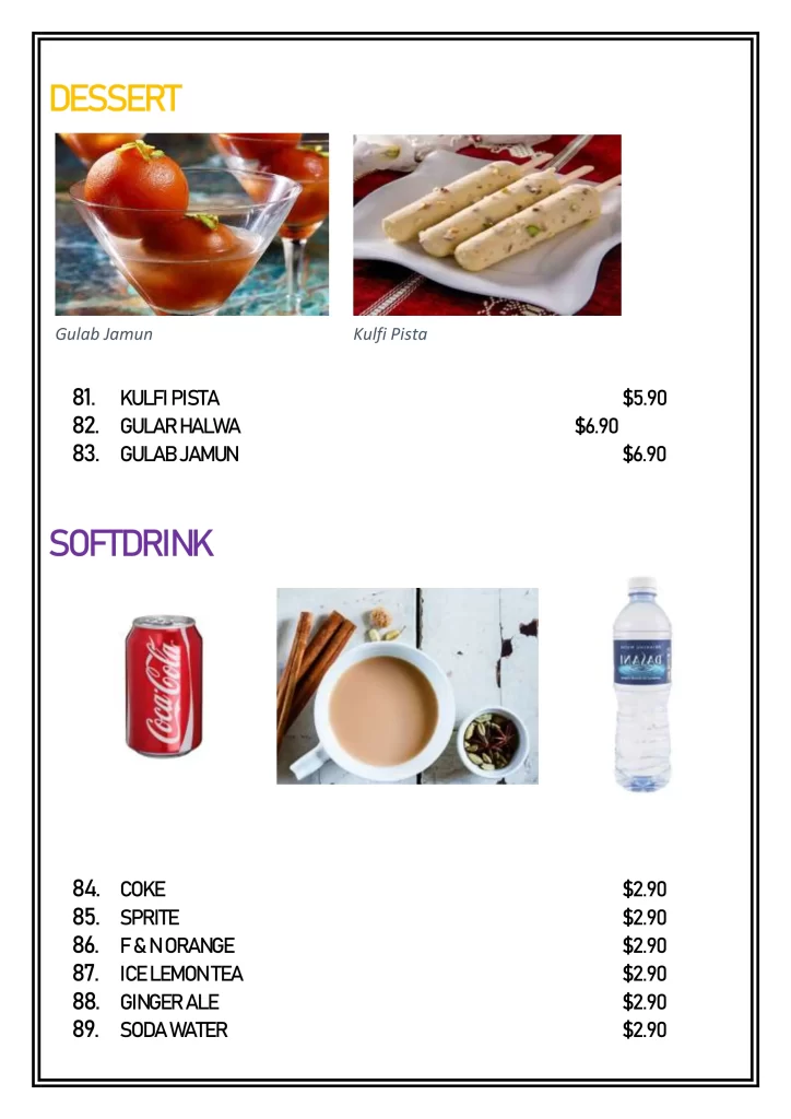 Delhi 6 Singapore kulfi pista, gulab jamun & soft drinks Menu & Price List 2022