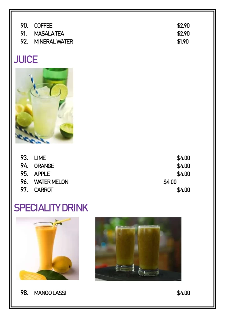 Delhi 6 Singapore juices & special drink Menu & Price List 2022