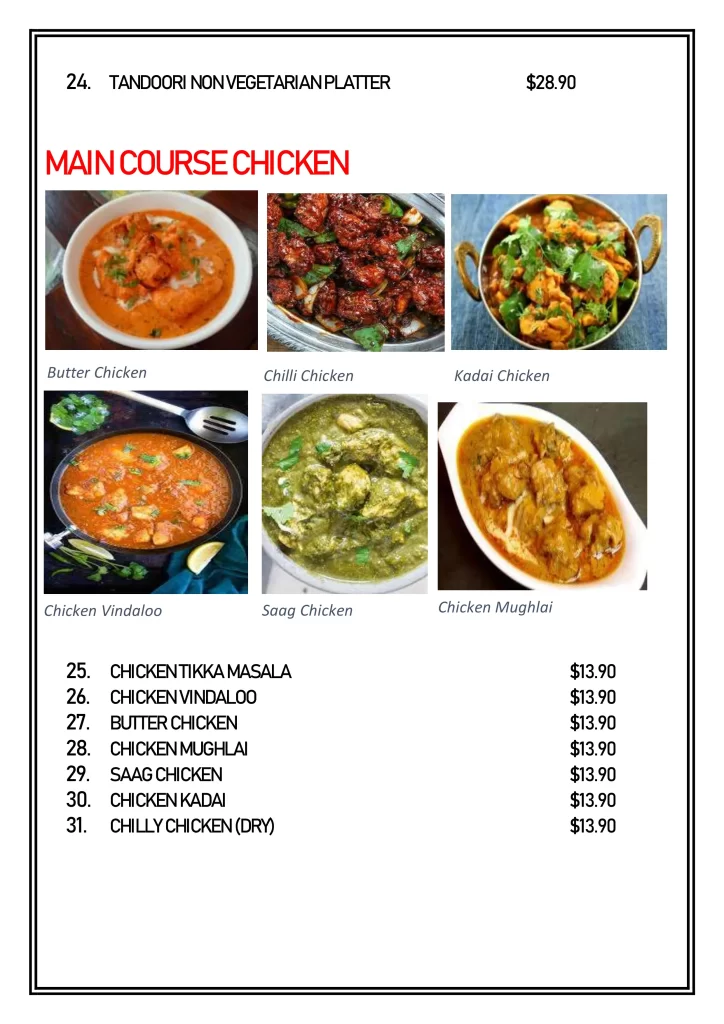 Delhi 6 Singapore chicken kadai, tikka, masala, butter, Menu & Price List 2022