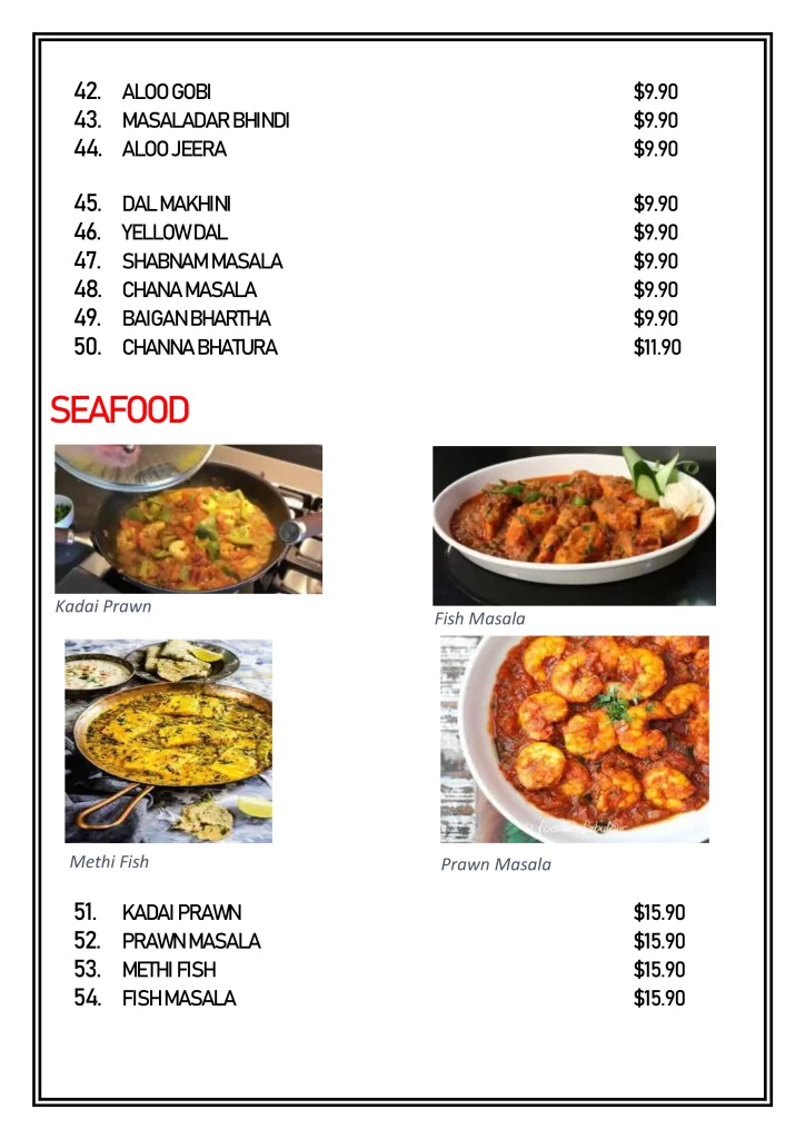 Delhi 6 Singapore seafood, prawn, fish Menu & Price List 2022