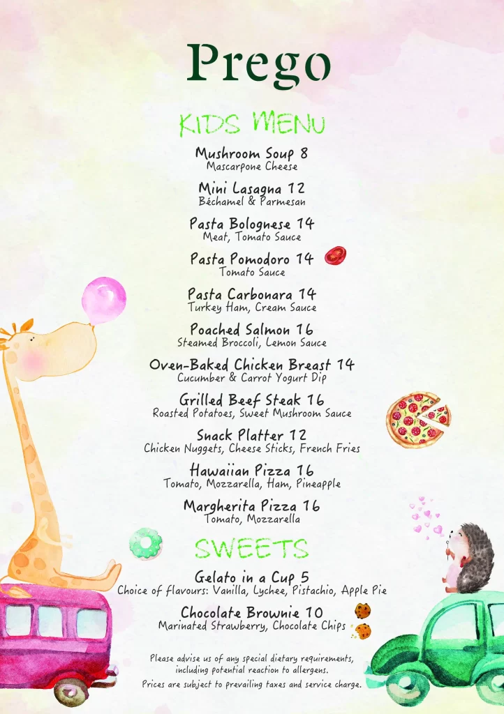 Prego kids menu