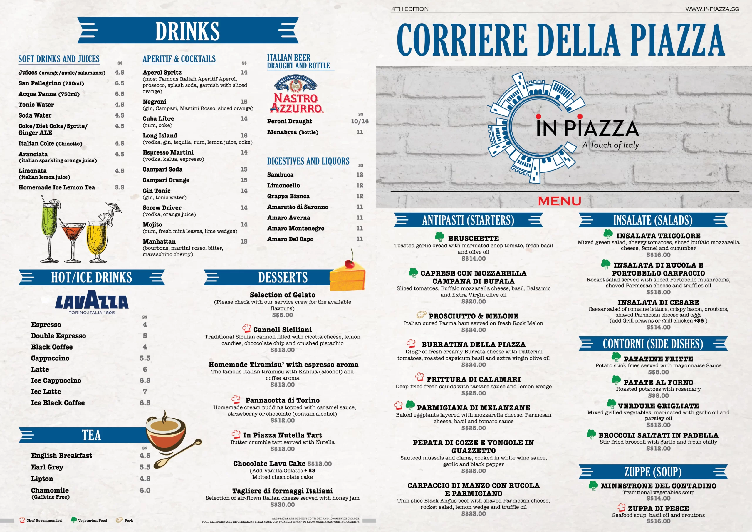 In Piazza italian Restaurant Singapore Menu & Price List 2022