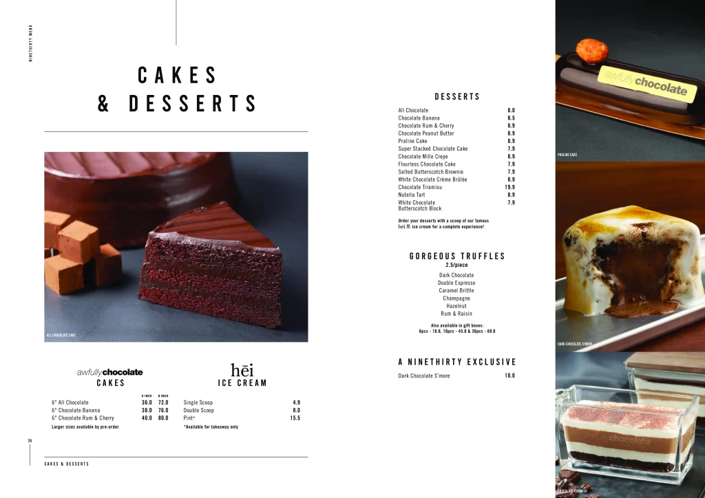 Awfully chocolate cake and desserts menu