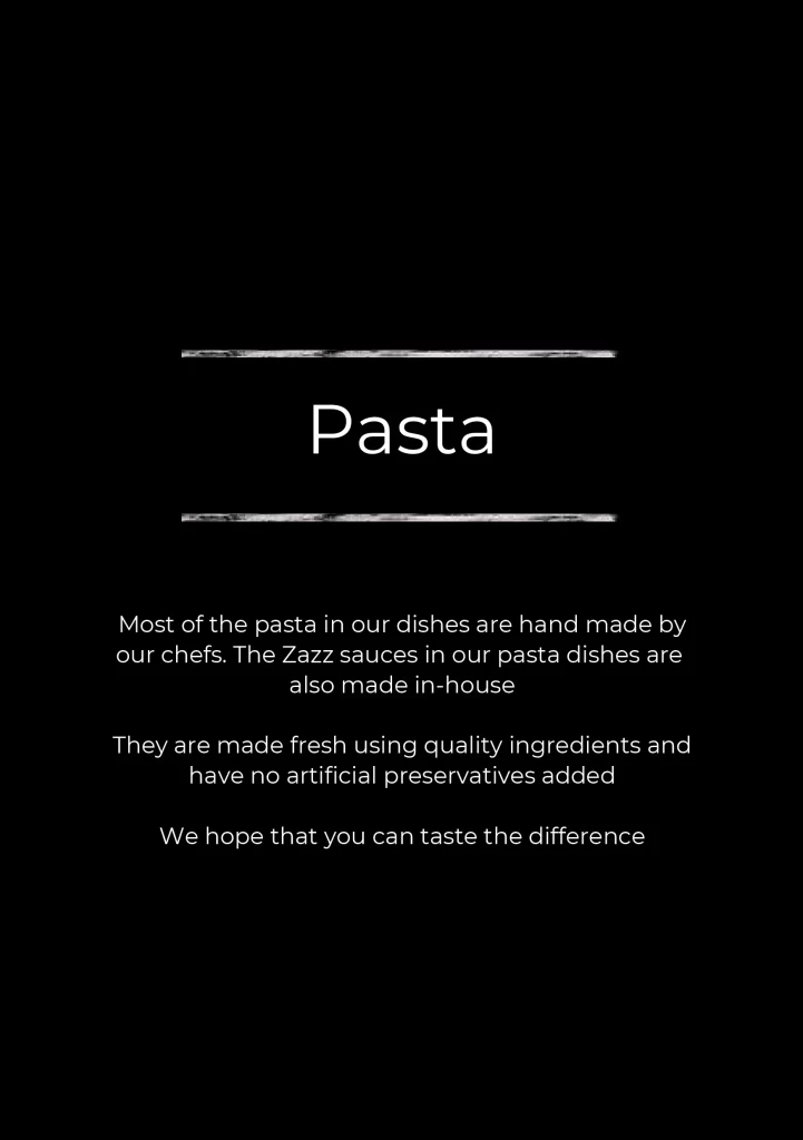Zazz Pizza Singapore pasta, aglio olio, seafood, burrata, bolognese, spaghetti, lobster, prawn saffron sauce, linguine pesto chicken,hair pasta, Menu & Price List 20
