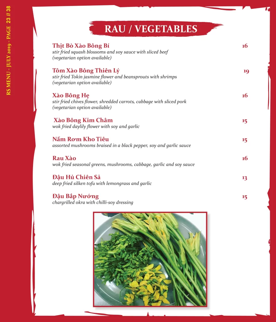red sparrow vegetables menu