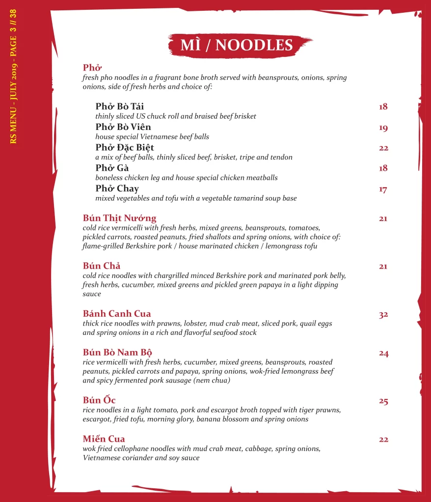 Red sparrow Noodles menu