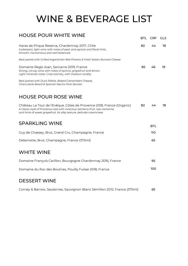 Fat belly Wine & Beverages list