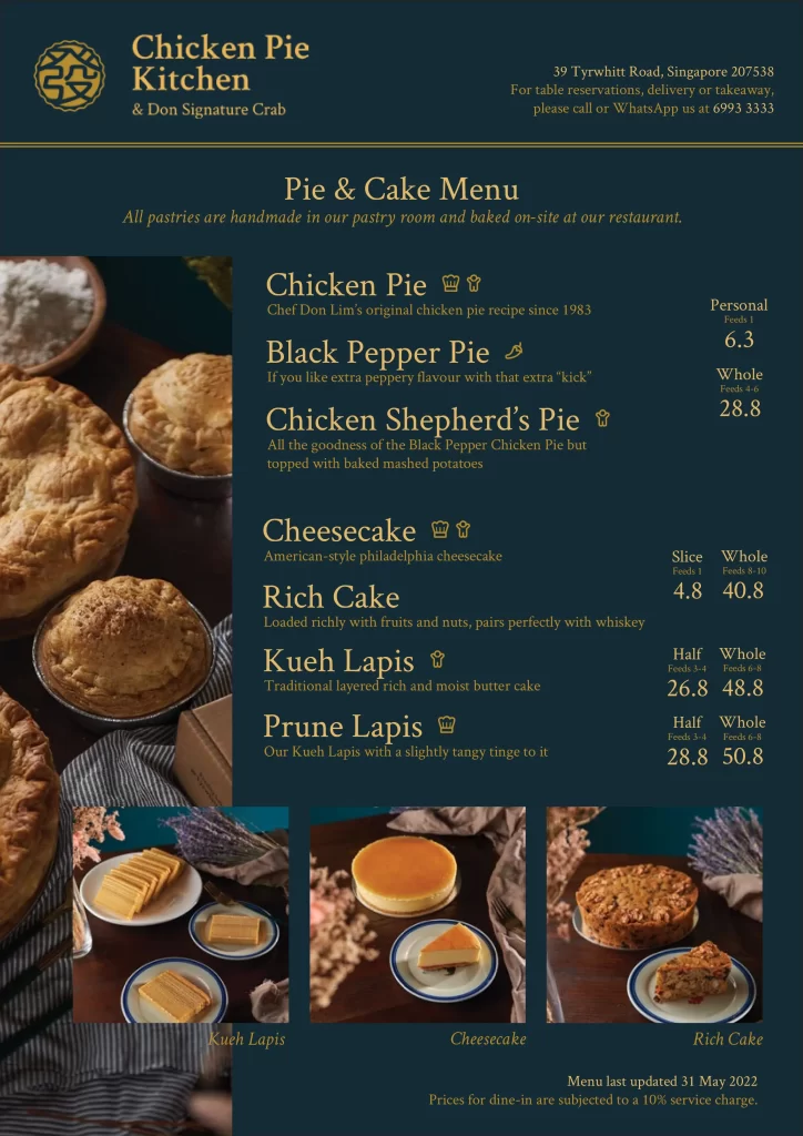 Chicken Pie Kitchen pie and cake menu