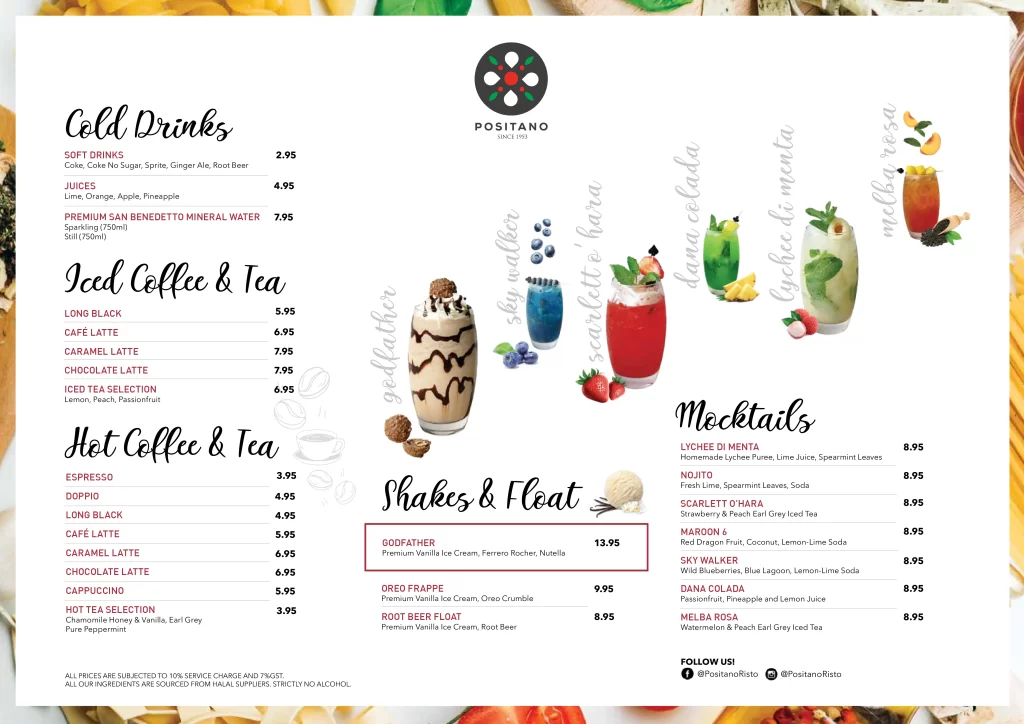 Positano Risto Singapore with drinks and mocktails Menu & Price List 2022