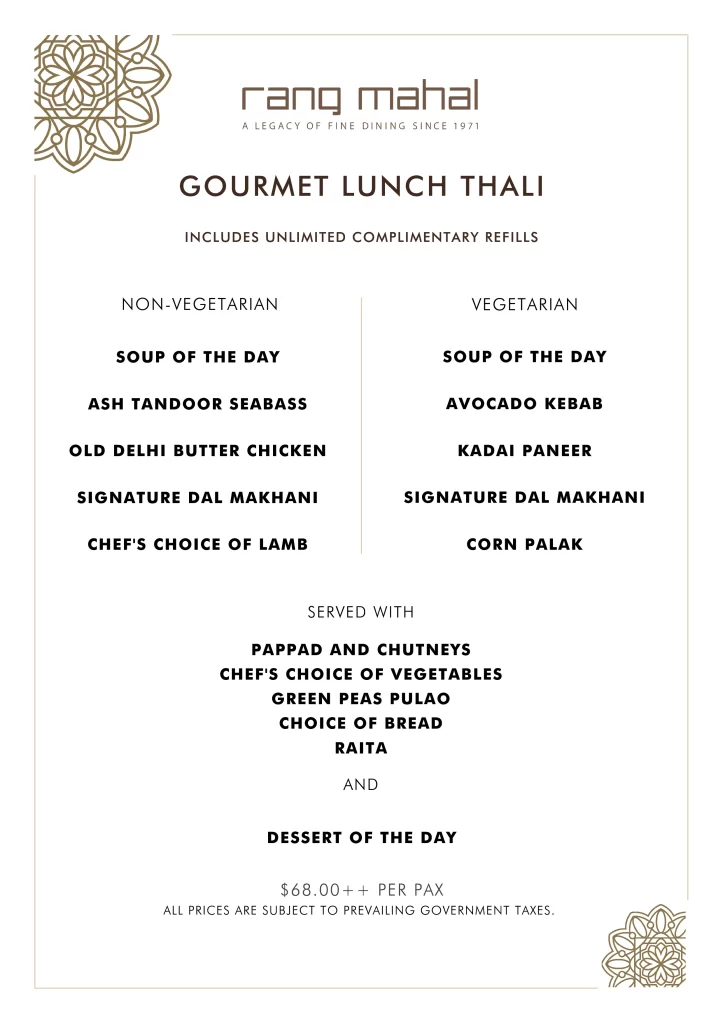 Rang Mahal lunch thali menu