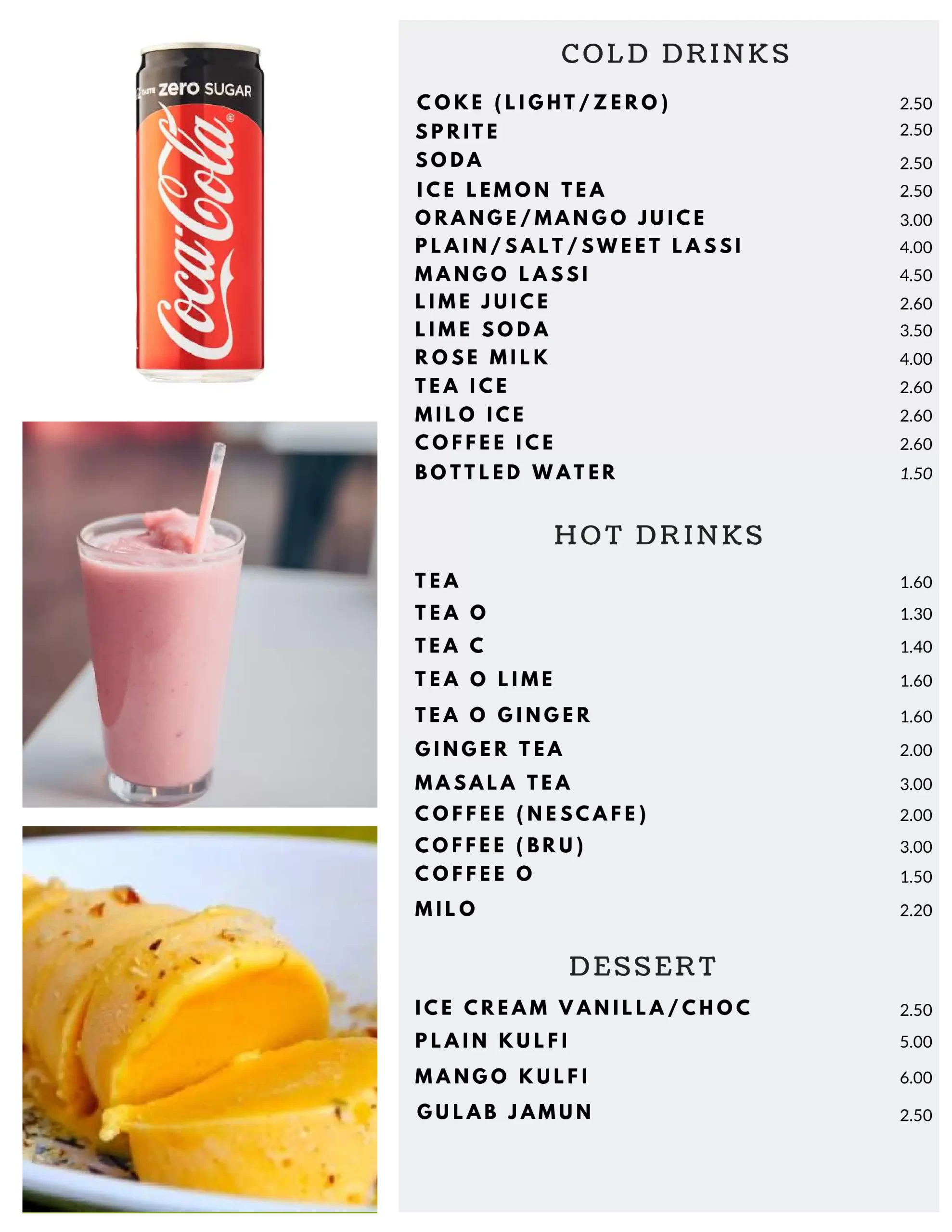 Phoenix Indian Restaurant with cold drinks & hot drinks Menu Singapore 2022