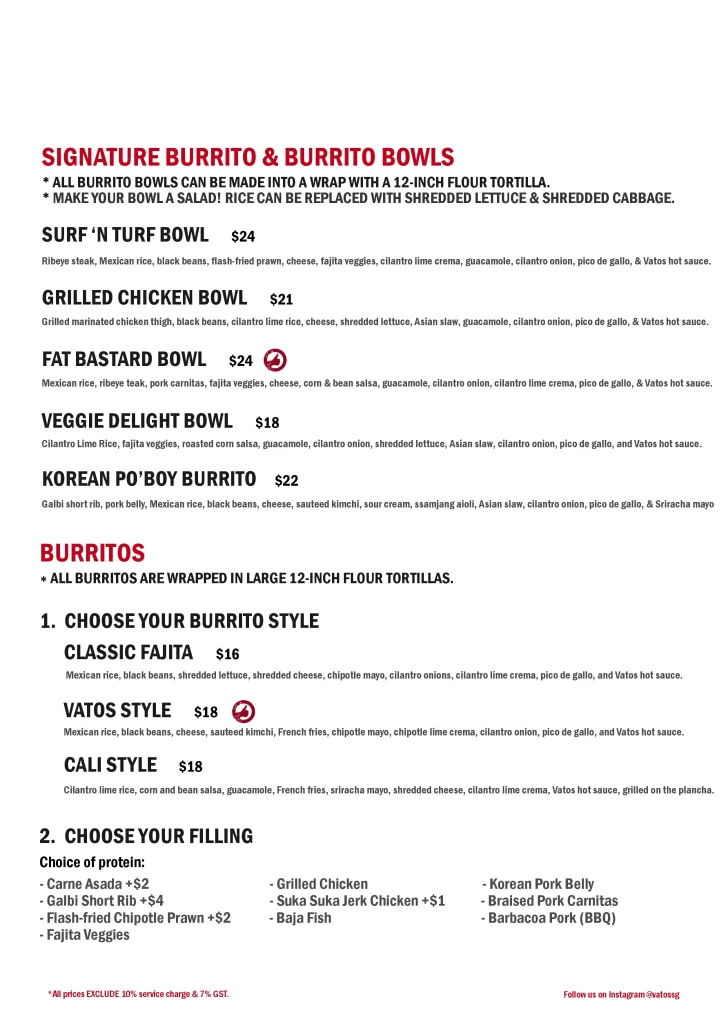 south beach menu- vatos fajita, chicken grilled bowl, burrito  menu