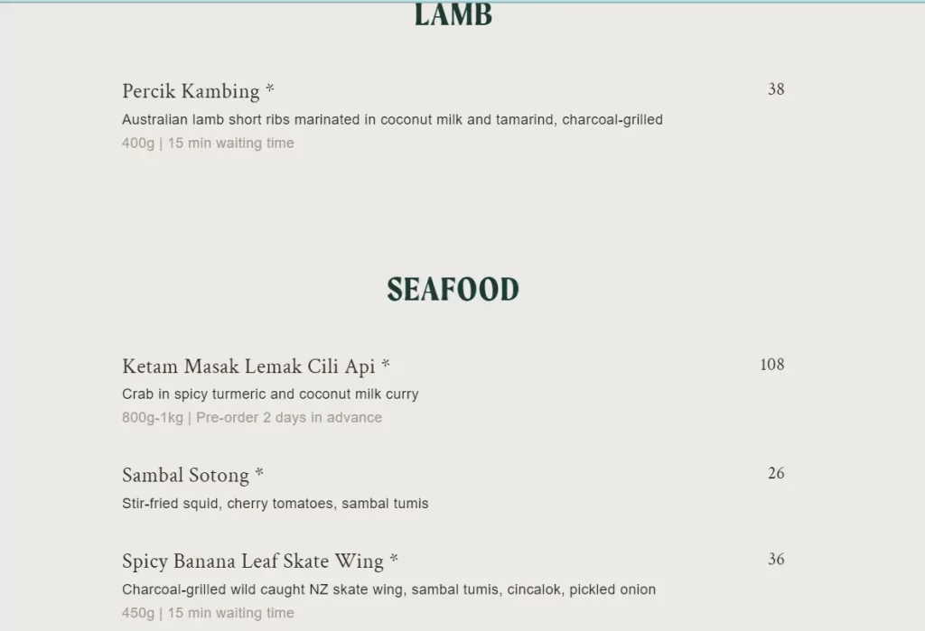 lamb & seafood menu