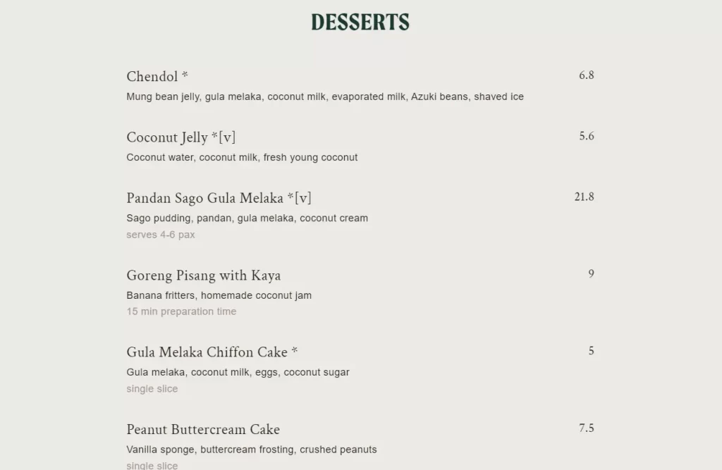 the coconut club Desserts menu