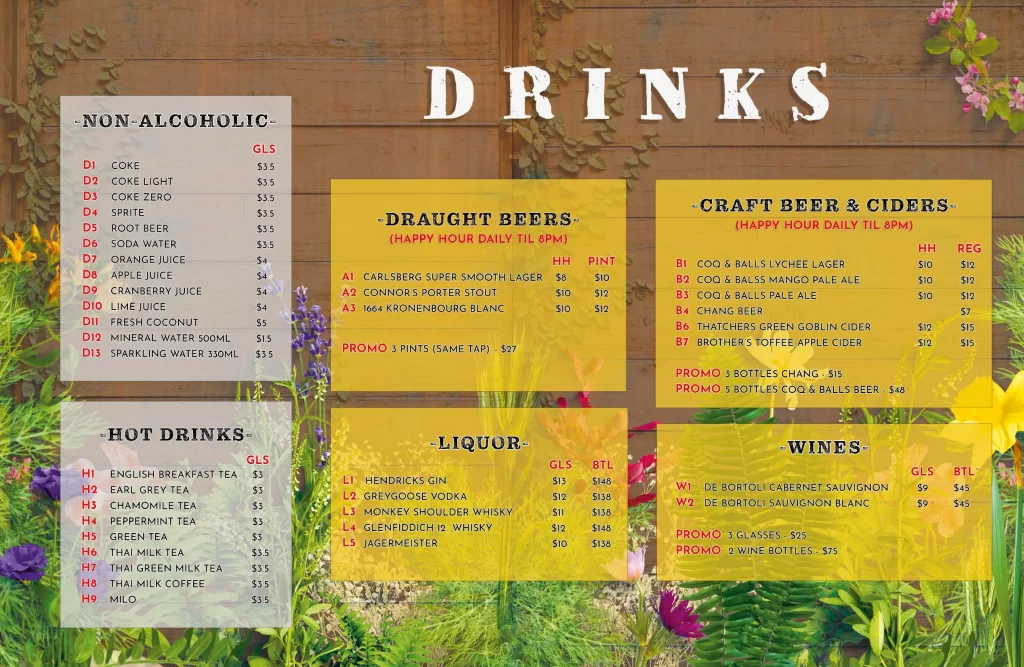 Thai’D Me Up Singapore drinks, beer, wines, ciders Menu & Price List 2022