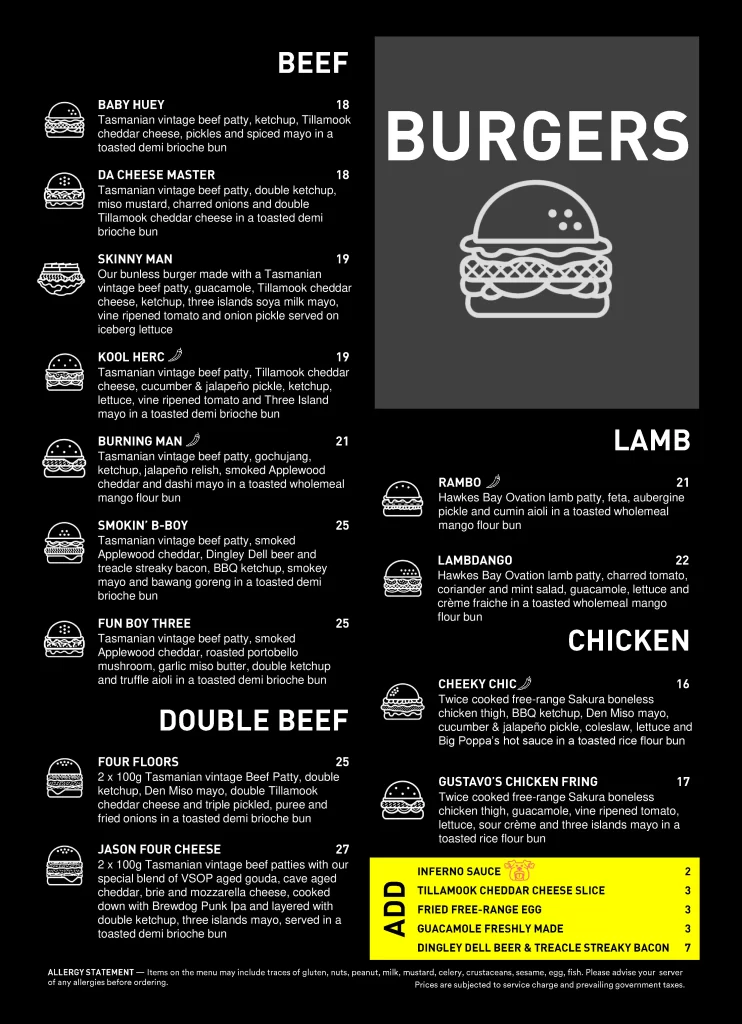 Three buns quayside burgers menu
