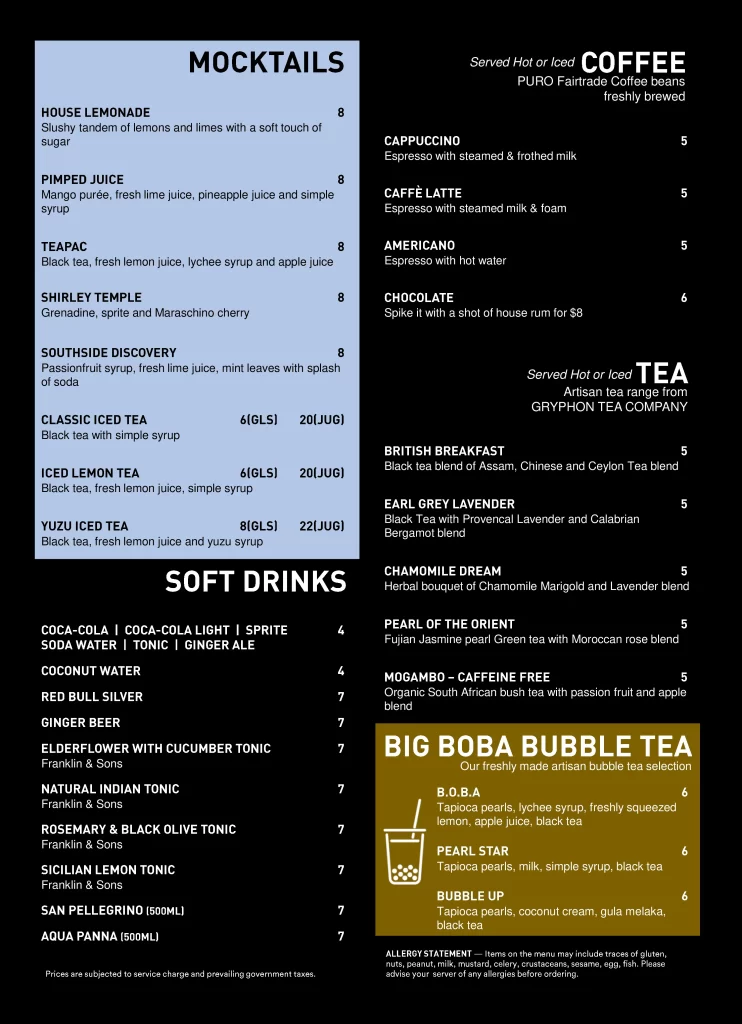 Mocktails & coffee menu
