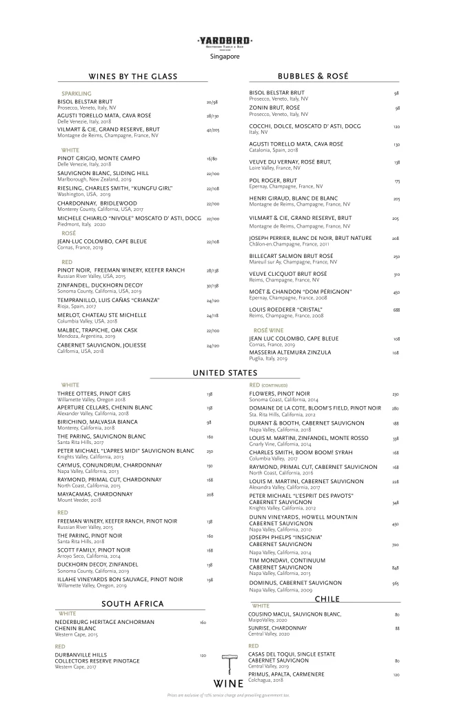 yardbird wine menu