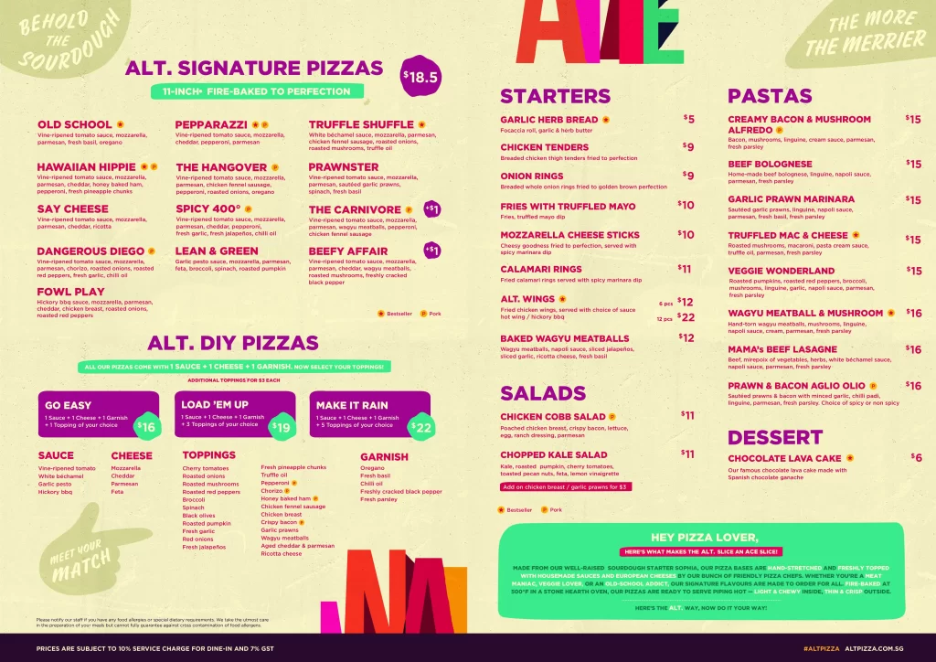 Alt Pizza Singapore pizzas, pastas, salad, dessert Menu & Price List 2022