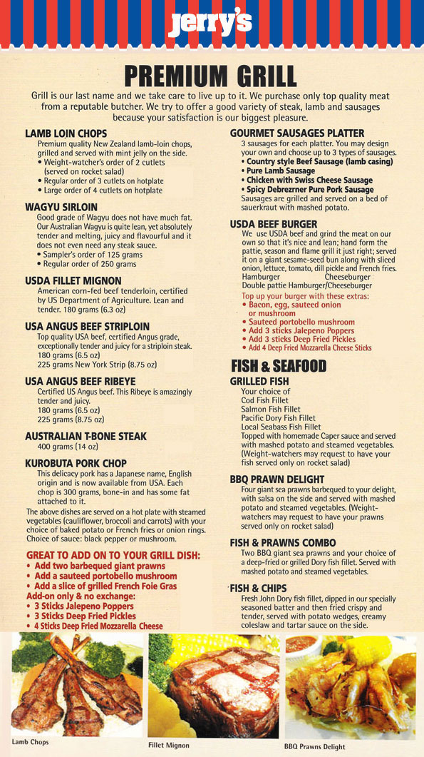 Jerry’s BBQ & Grill with fish & seafood Menu Singapore 2022