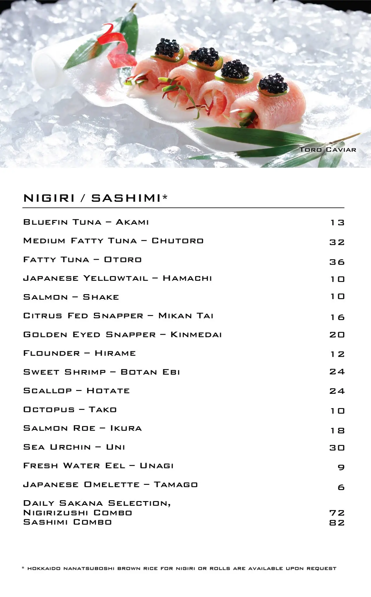 Akira Back nigiri, sashimi, Menu