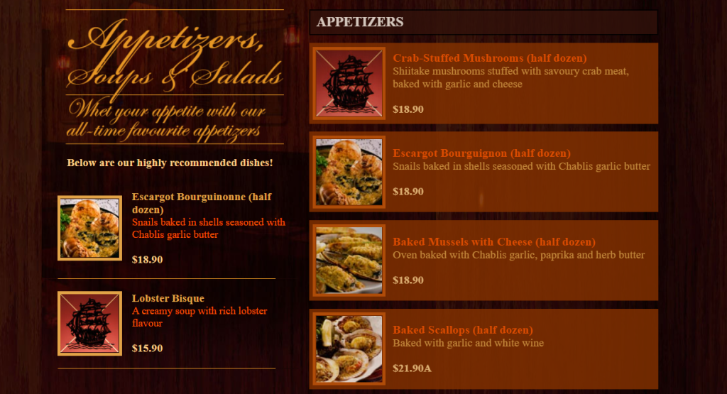 The ship restaurant appetizers menu