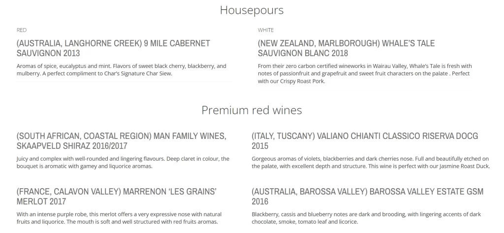 Char restaurant wine menu