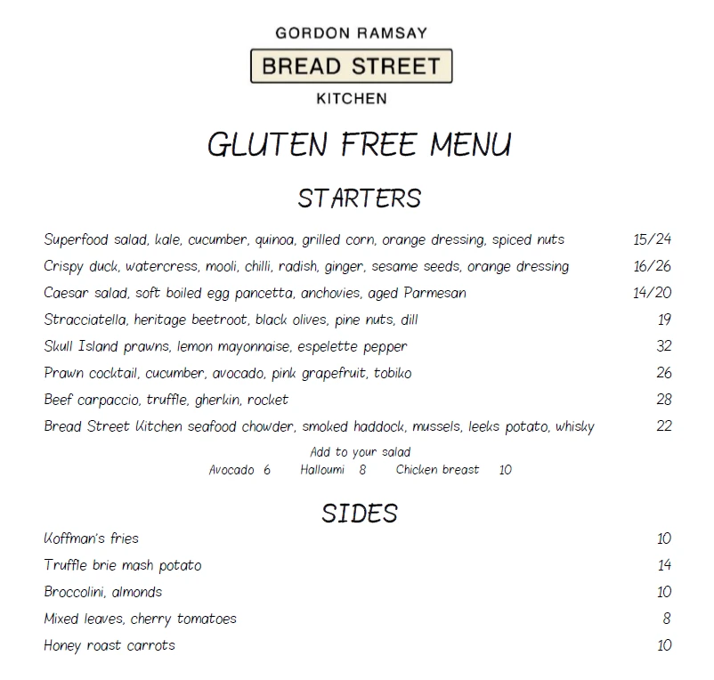 Gluten Free Menu Bread Street Kitchen