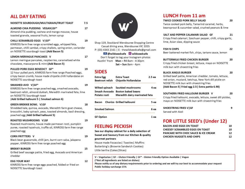 Wildseed cafe menu