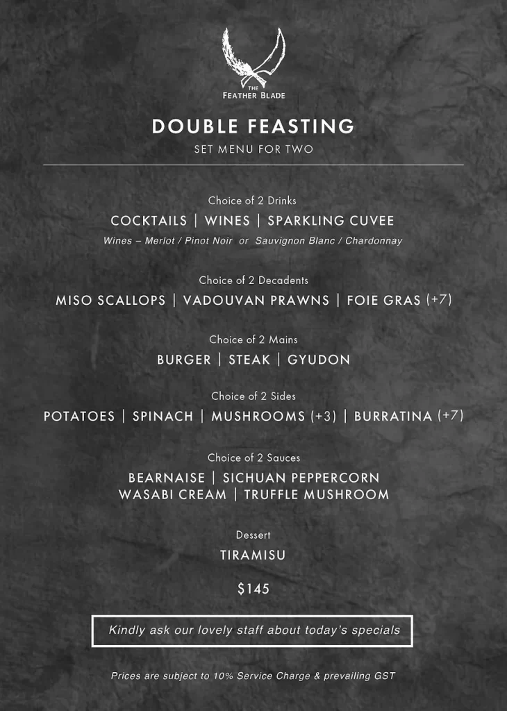 The Featherblade Set Menu for Two