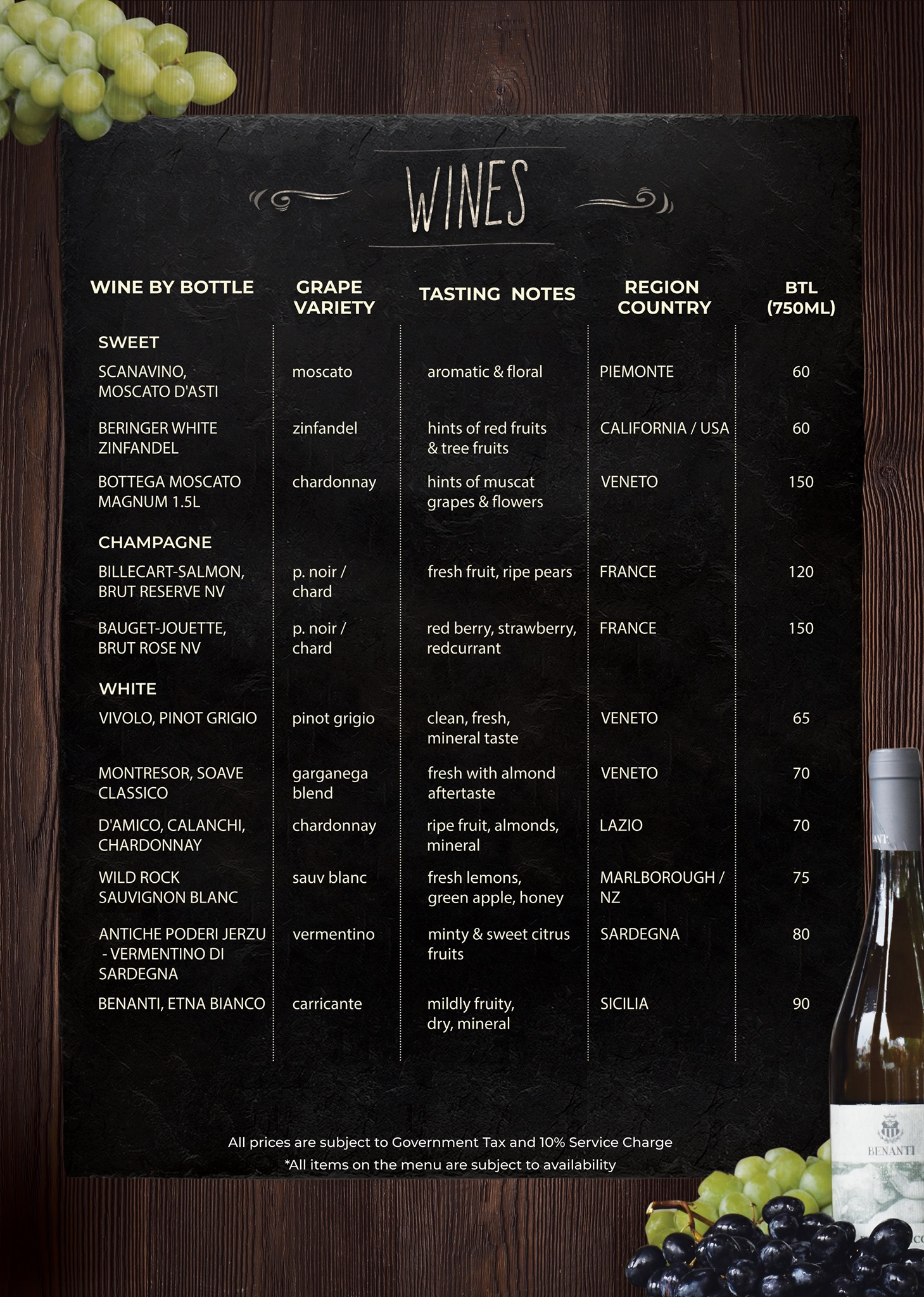 wines menu