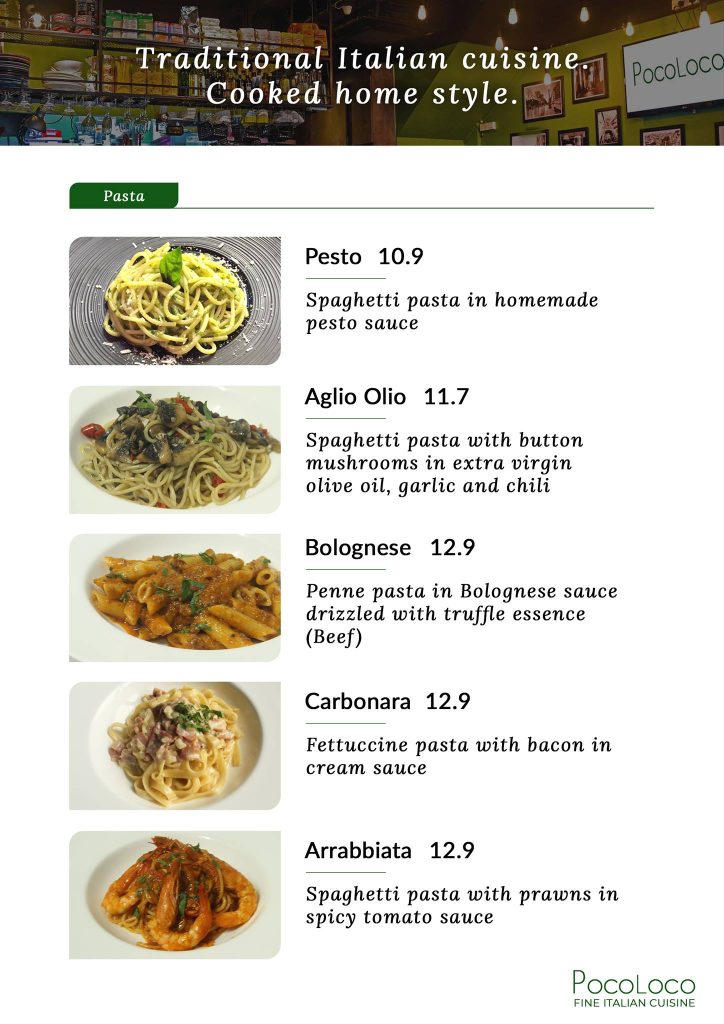 PocoLoco Singapore pasta menu