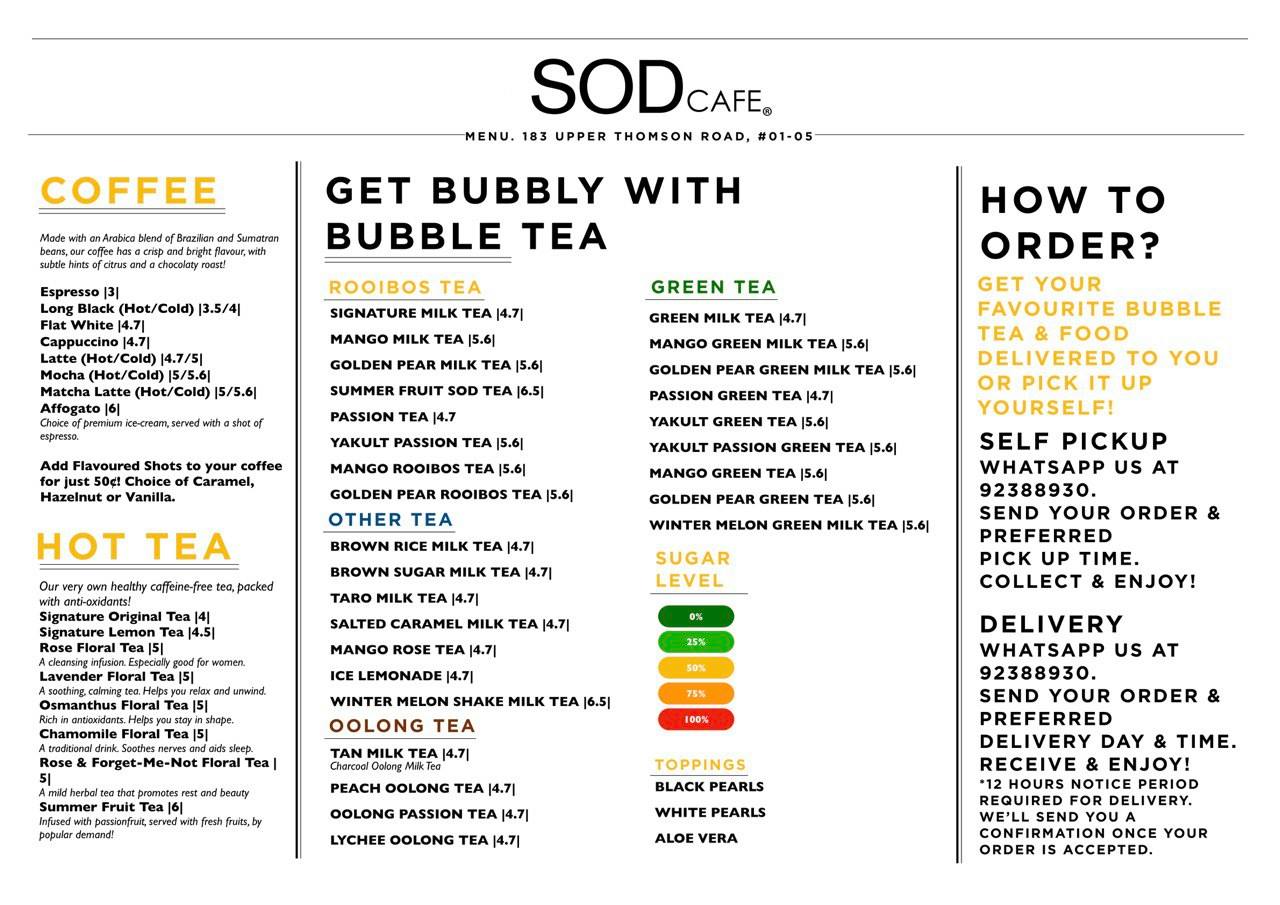 SOD Cafe Singapore coffee, hot tea, green tea, other tea, oolong tea, Menu & Price List 2022