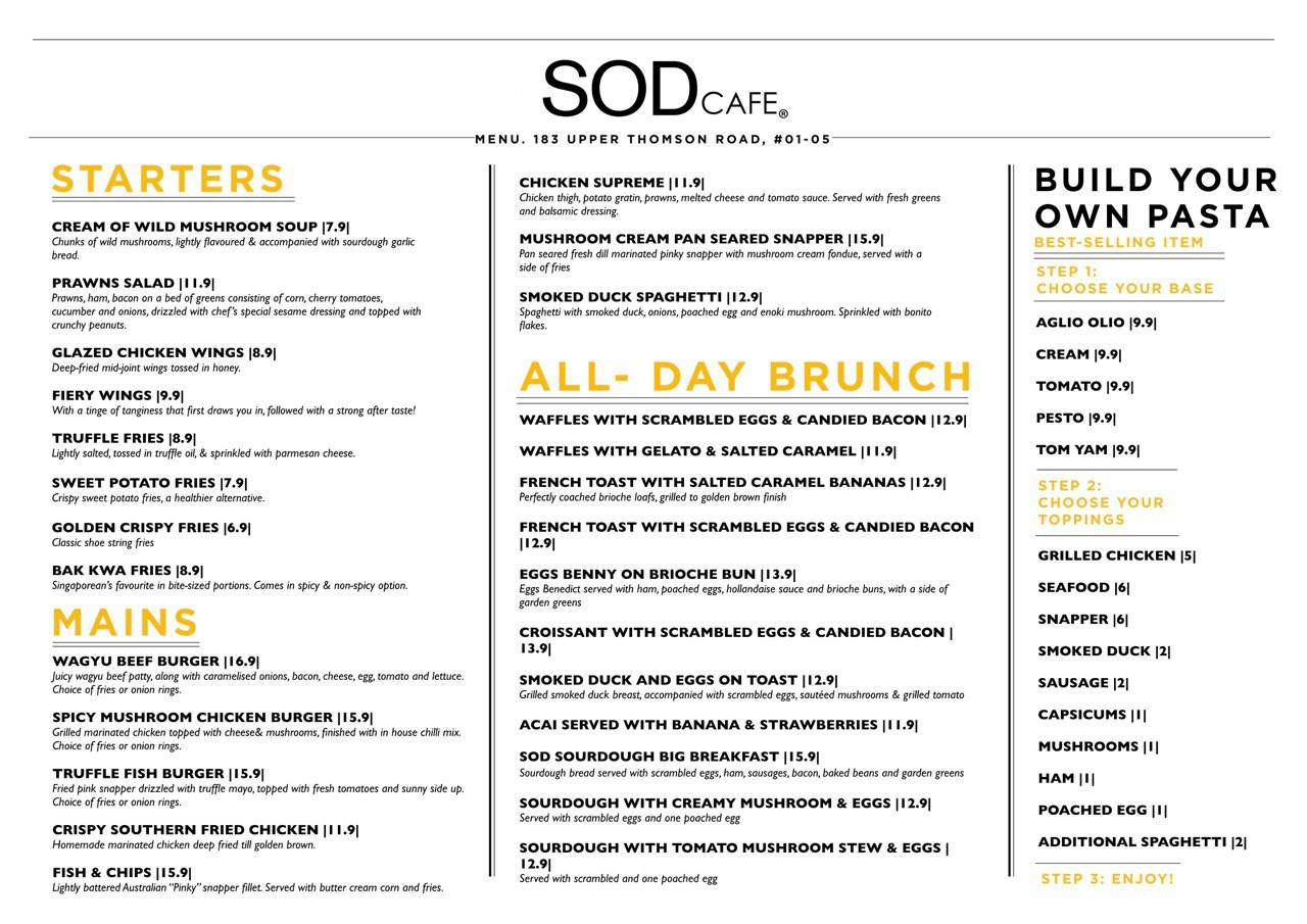 SOD Cafe Singapore main menu