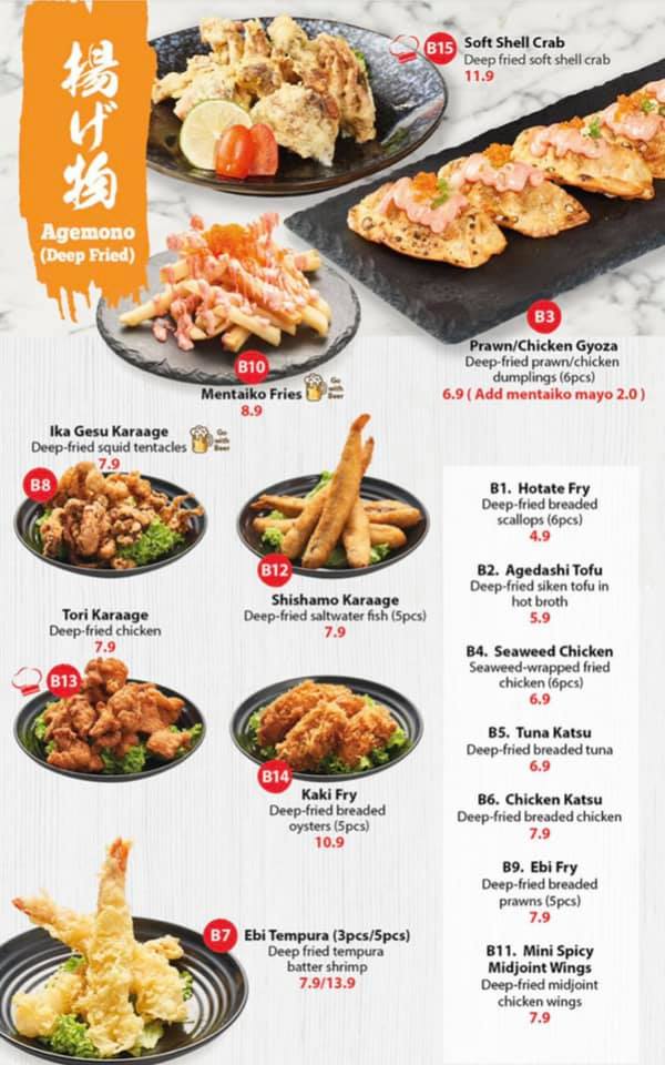 Kazoku Japanese Cuisine agemono , ika gesu karaage, tori karaage, Menu