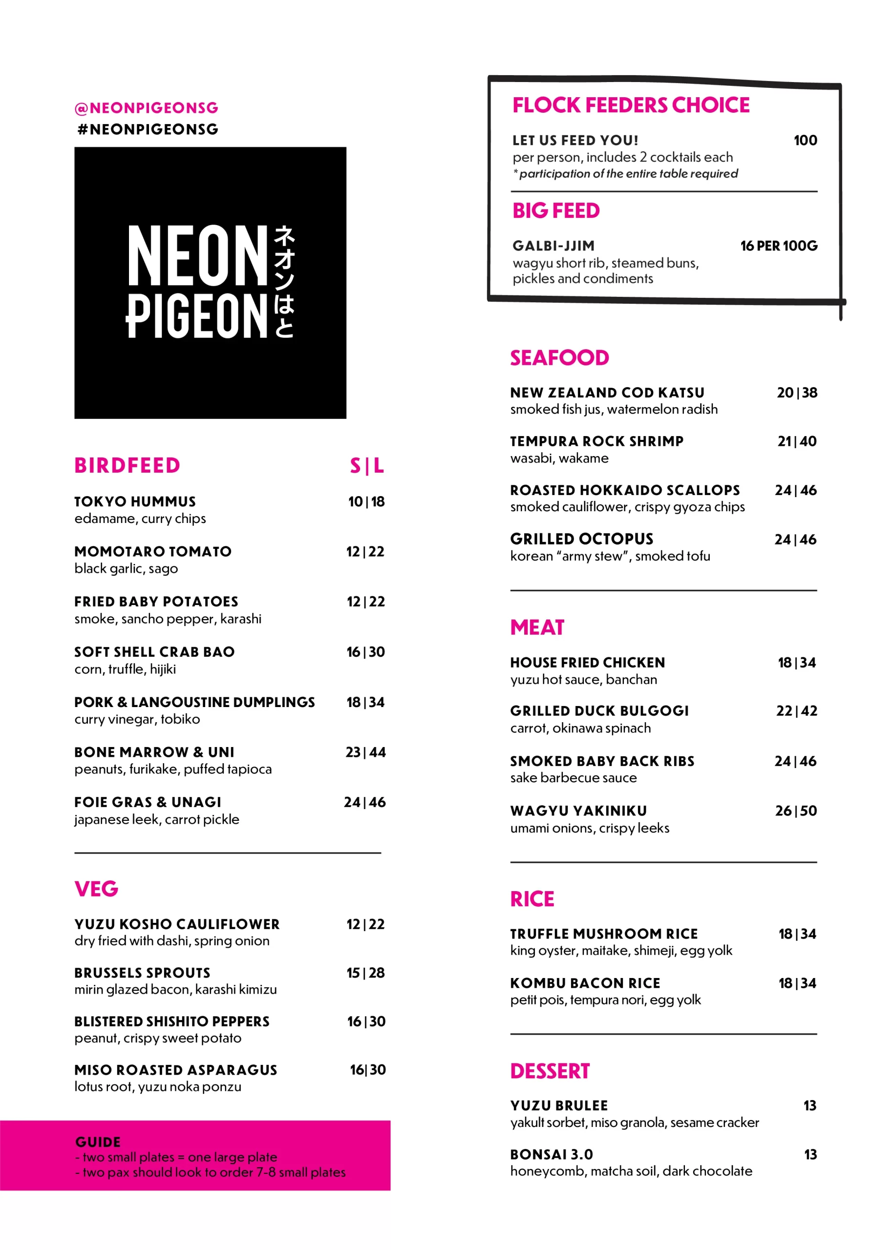 Neon Pigeon Menu