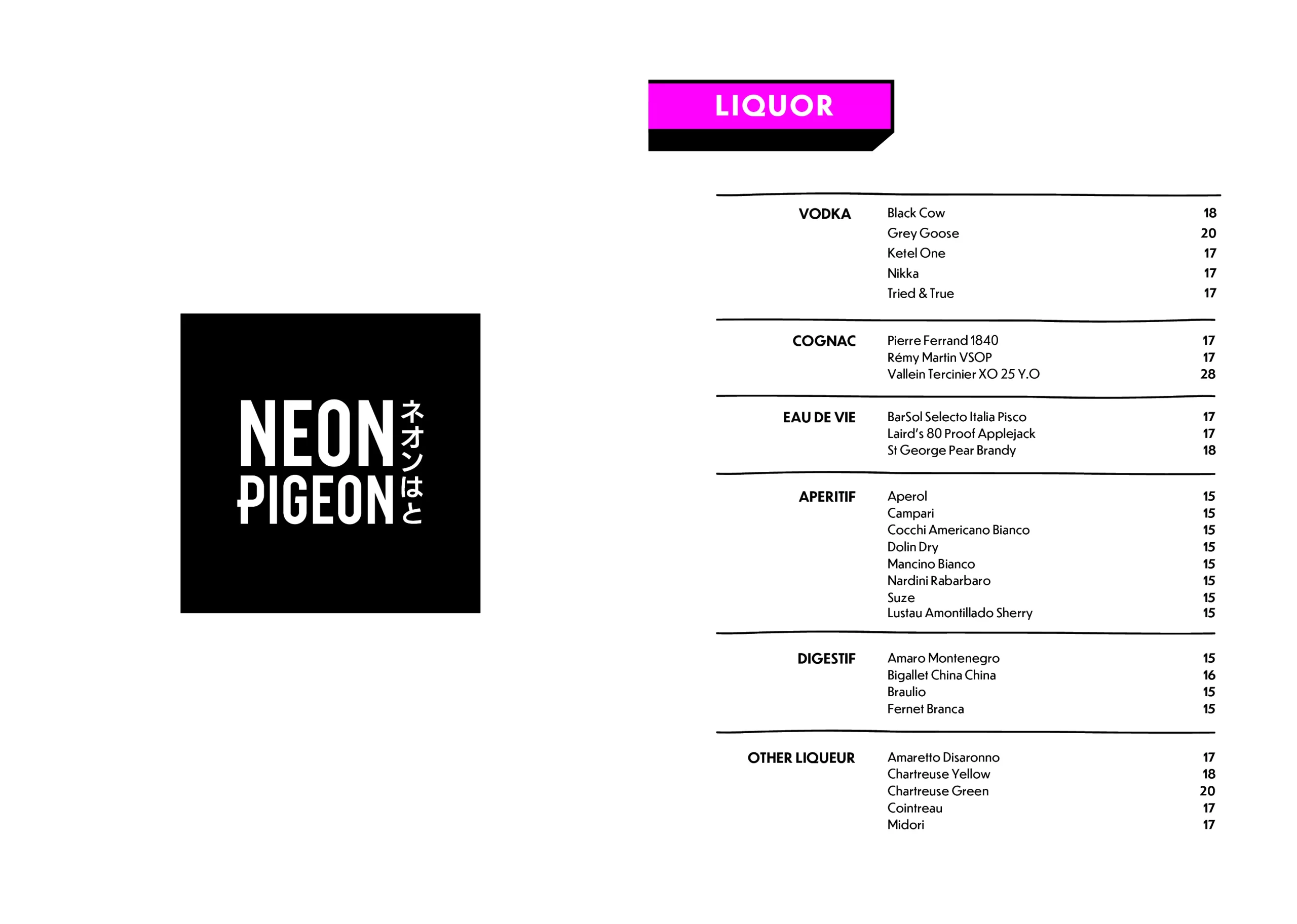 Neon Pigeon Menu