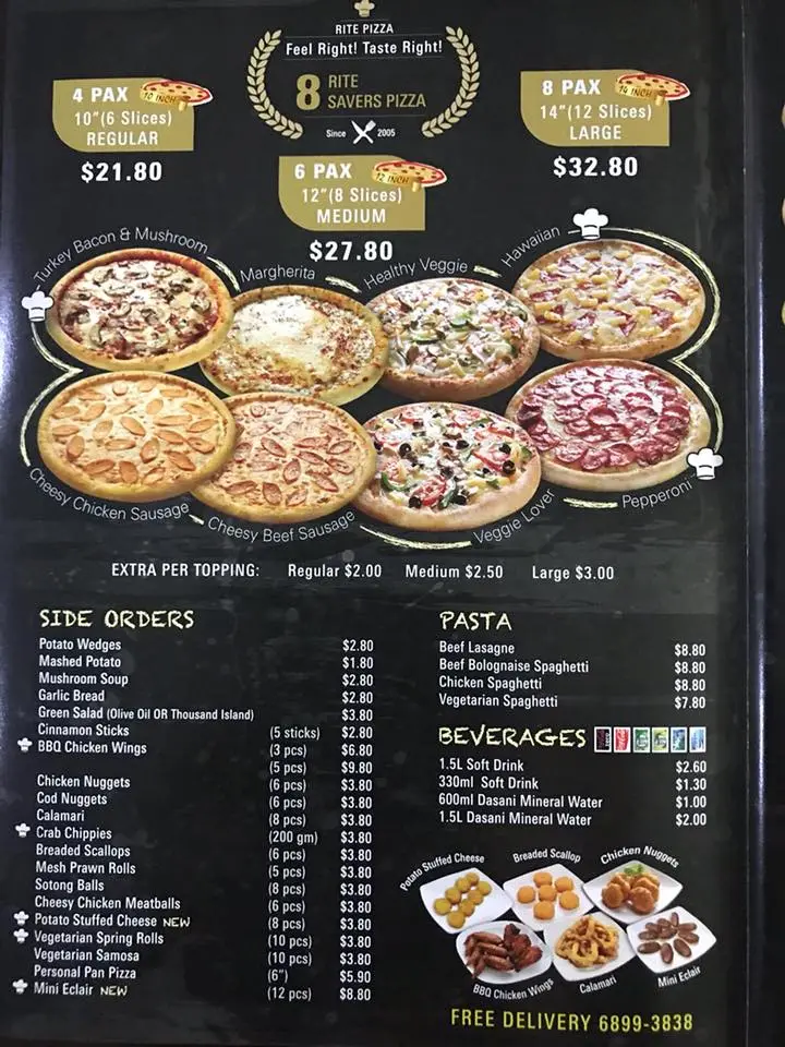 Rite Pizza Singapore bread, soup, chicken wings, nuggets, prawn rolls, cheese, vegetarian samosa, pasta, soft drink, mineral water Menu & Price List 2022