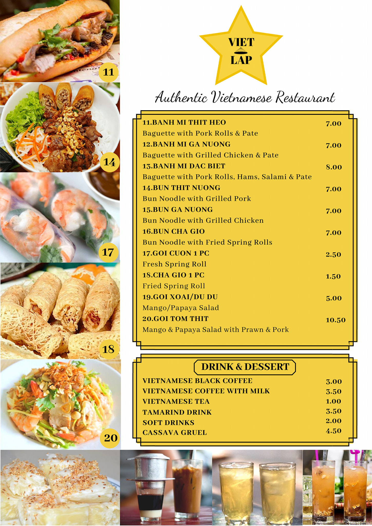 VIET LAP roll, chicken, noodle, salad, drink, dessert, Menu