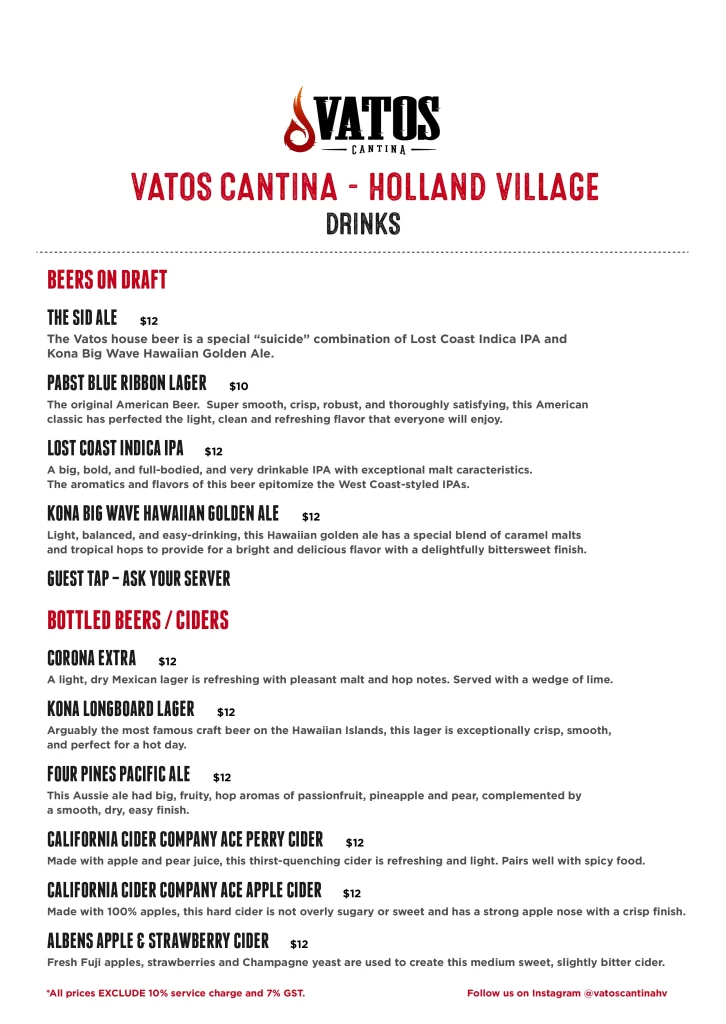 vatos cantina-holland village drinks, menu 