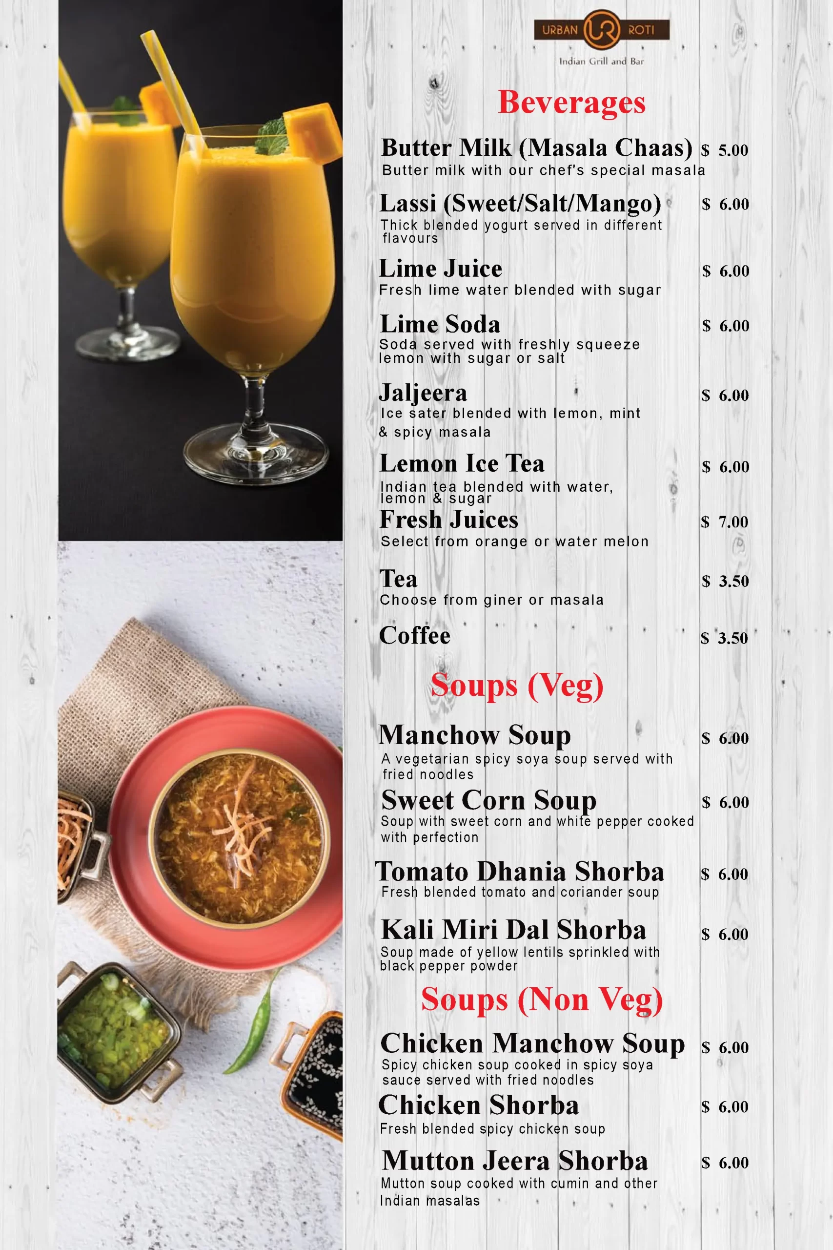 Urban Roti beverages menu