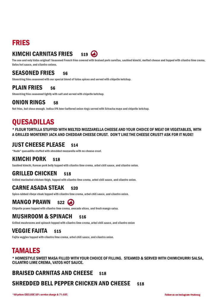 south beach menu- fries, pork, prawn , tamales menu