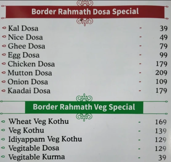border ahmath veg & dosa menu